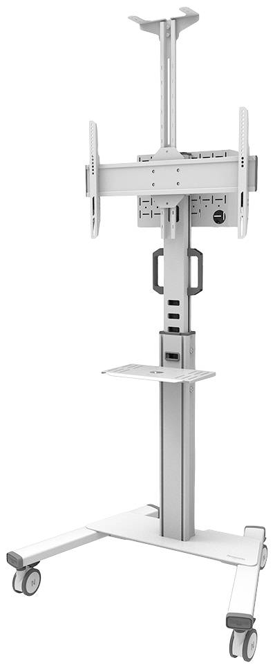 Mobilny stojak na telewizor na kółkach, z regulacją wysokości, z mocowaniami do ekranów oraz półką na urządzenia.