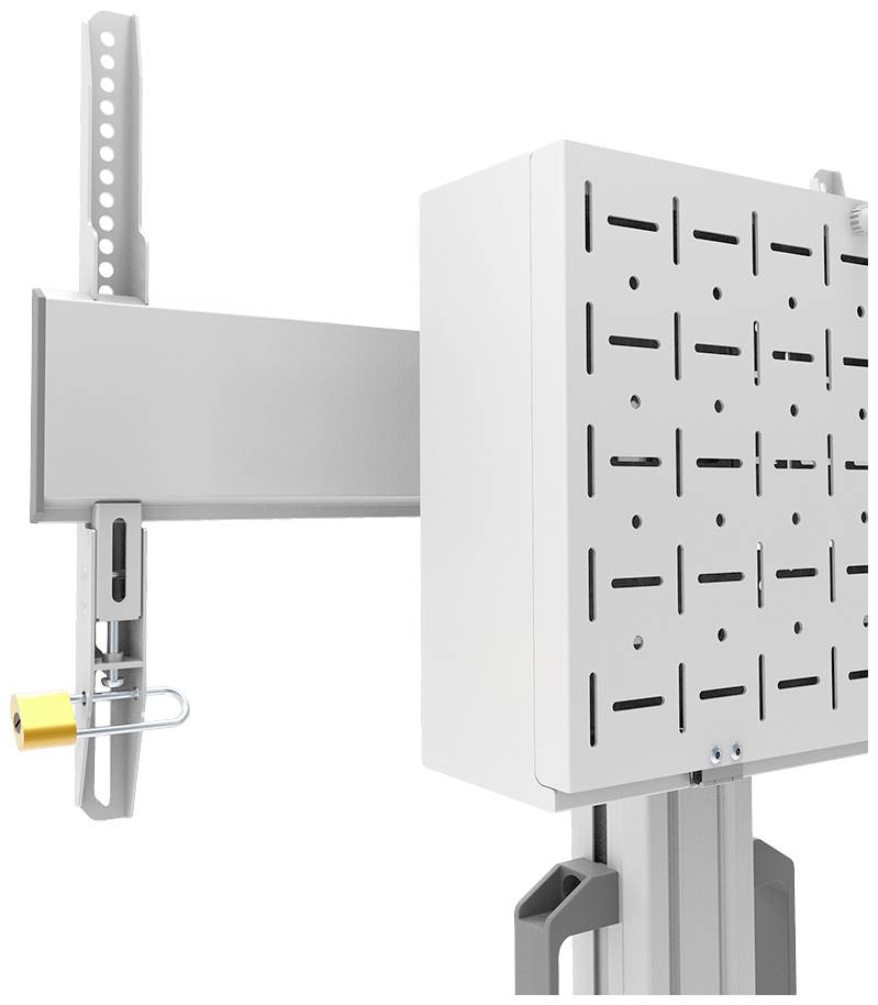 Biała metalowa rama ze wzorem perforowanym, przymocowana do szarej podstawy, z małym żółtym zamkiem po lewej stronie.