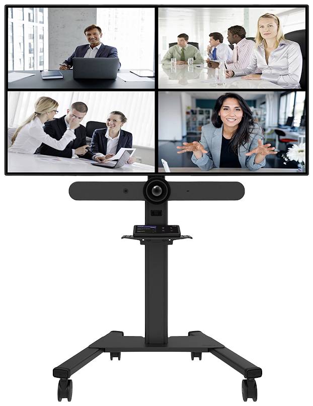 System wideokonferencyjny z dwoma ekranami. Górny lewy: Mężczyzna przy laptopie. Górny prawy: Cztery osoby w trakcie spotkania. Dolny lewy: Trzy osoby dyskutujące. Dolny prawy: Kobieta mówiąca gestykulując.