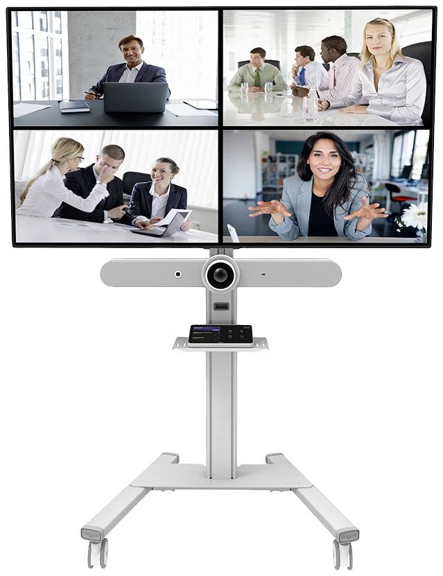 Kilku ludzi w różnych wideokonferencjach na jednym ekranie, zamontowanych na mobilnym stojaku z kamerą i głośnikami.