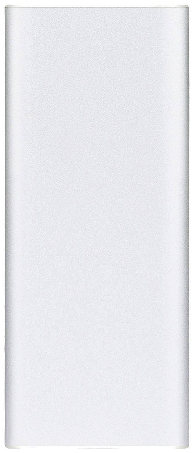 Błyszcząca, metaliczna, prostokątna powerbank przed białym tłem.