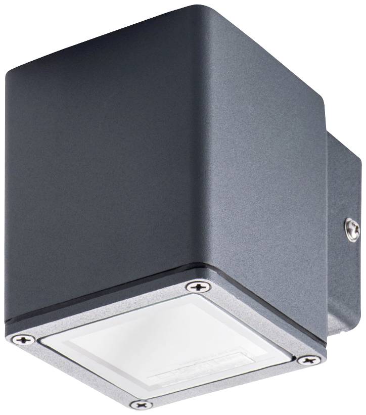 Czarna, nowoczesna lampa ścienna LED o kwadratowym kształcie, przeznaczona do oświetlania elewacji budynków.