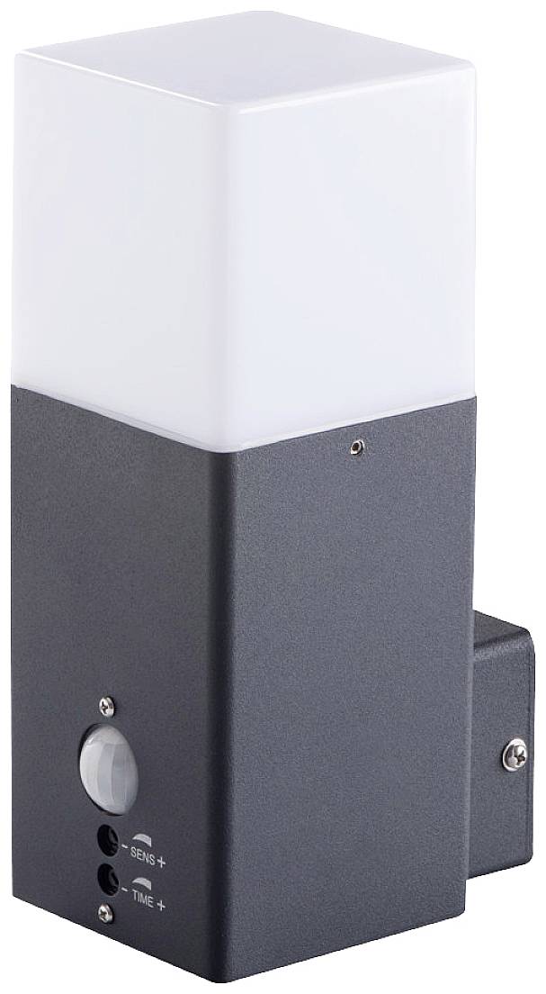 Kinkiet zewnętrzny z prostokątną, czarną obudową i białym dyfuzorem. Zintegrowany czujnik ruchu i czujnik natężenia światła.