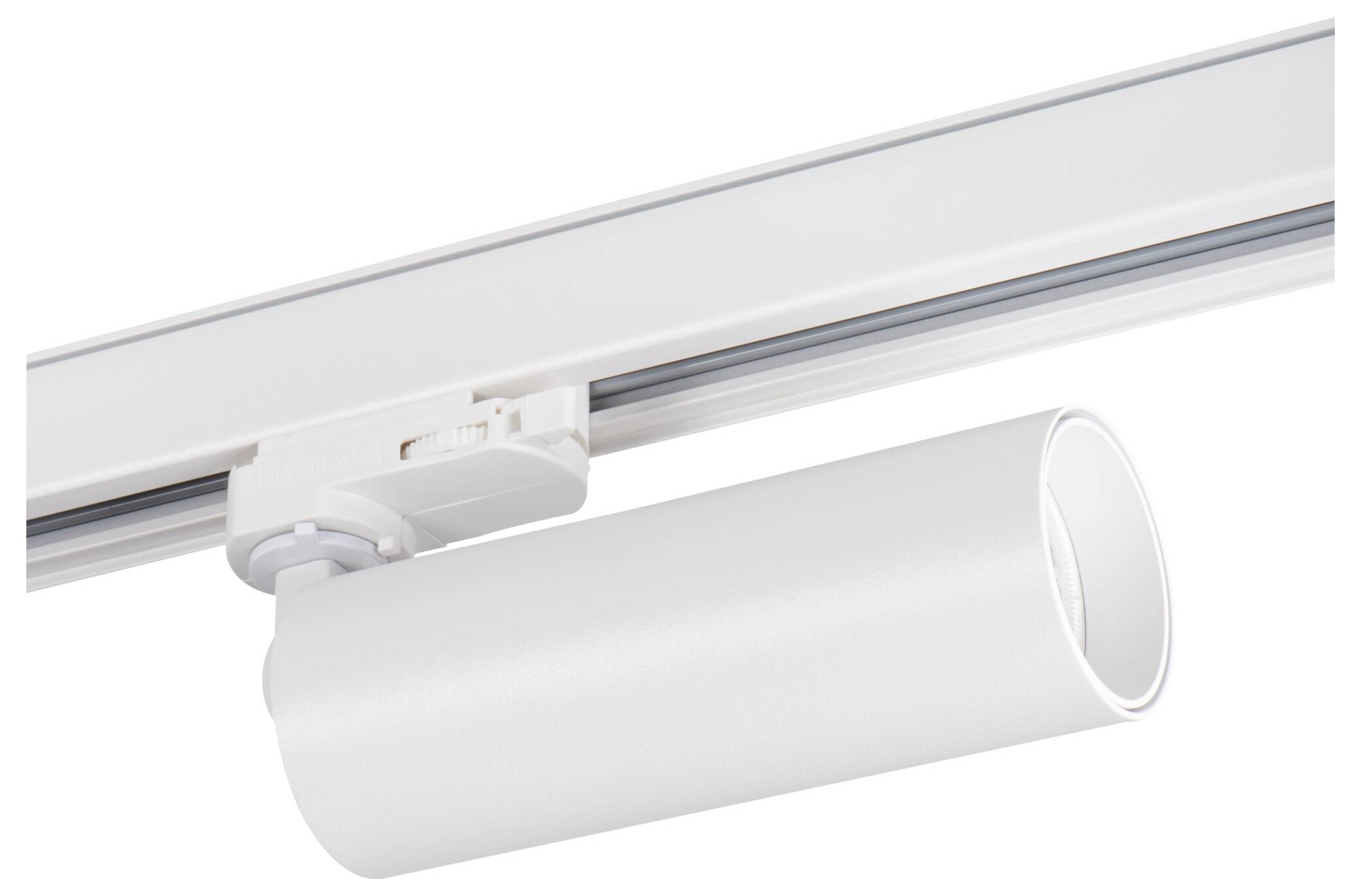 Biała cylindryczna lampa LED zamontowana na szynie świetlnej, prezentująca nowoczesne rozwiązanie oświetleniowe.