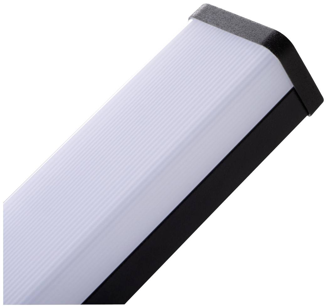 Prostokątna lampa LED z czarną podstawą i białą, prążkowaną osłoną.