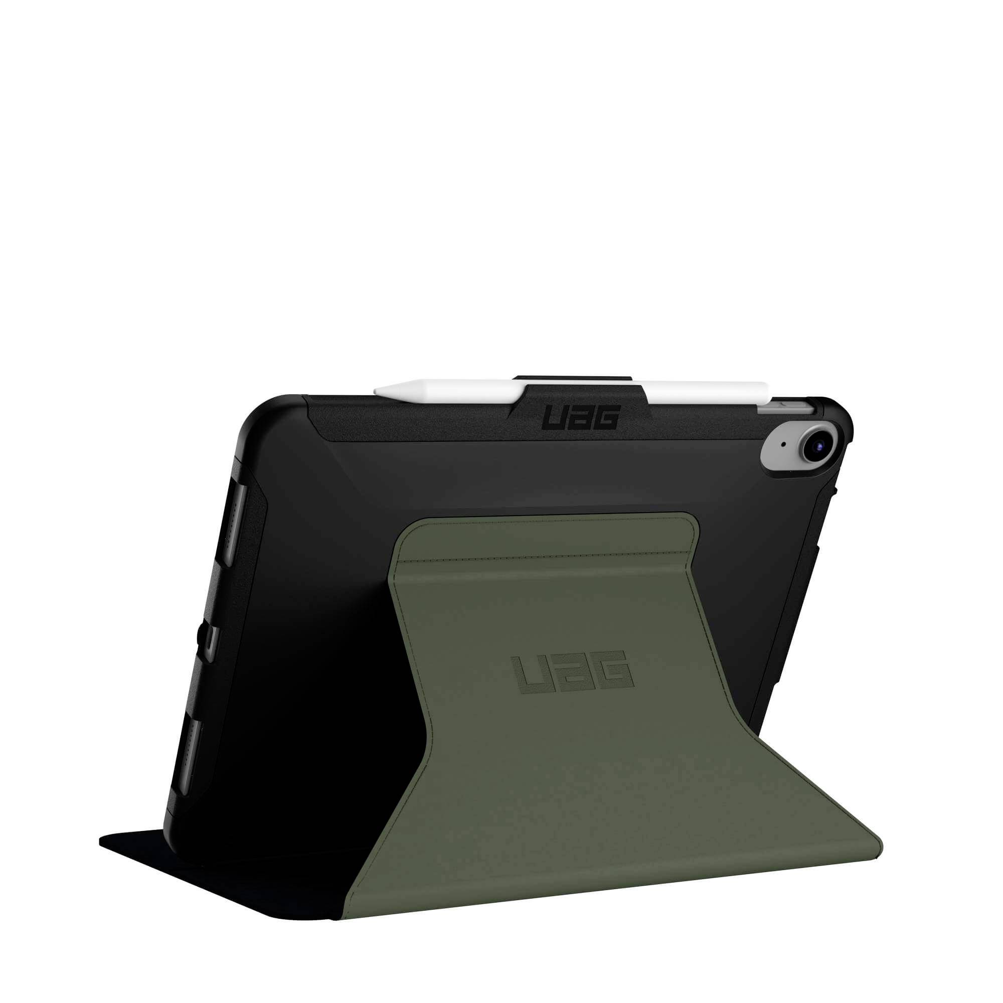 Tablet w solidnej czarnej obudowie z zielonym stojakiem, z widoczną kamerą z tyłu. Idealny dla stabilnego trzymania.