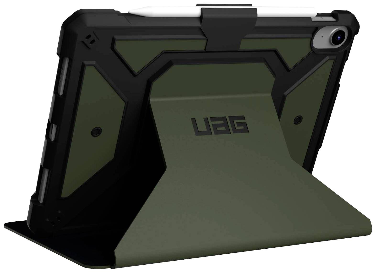 Etui ochronne firmy UAG na tablet, ustawione w orientacji poziomej. Wytrzymała obudowa w kolorze ciemnozielonym i czarnym z zintegrowanym uchwytem na rysik.