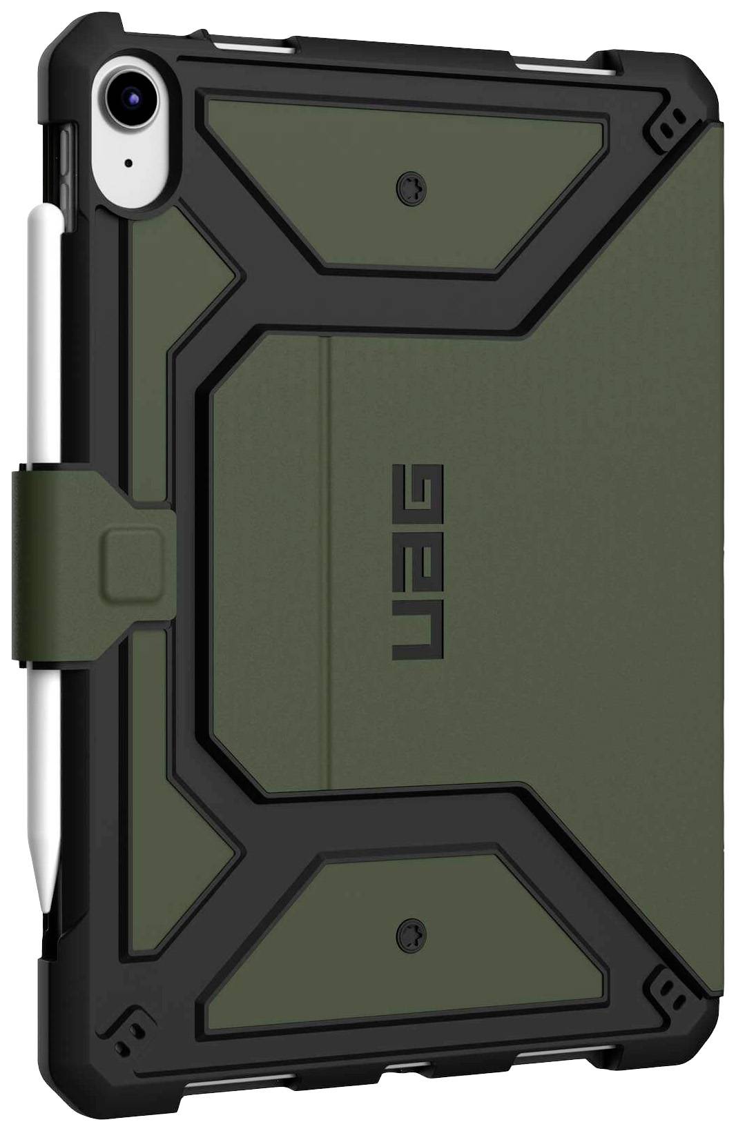 Wytrzymałe etui na tablet w kolorze zielonym i czarnym z wbudowanym uchwytem na rysik, chroniące urządzenie przed uderzeniami i zarysowaniami.