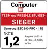 Magazyn 'Computer Bild' nagradza Samsung SSD 990 PRO - 1TB tytułem zwycięzcy w kategorii test i stosunek ceny do jakości. Ocena: 1,2. Wydanie 21/2023.