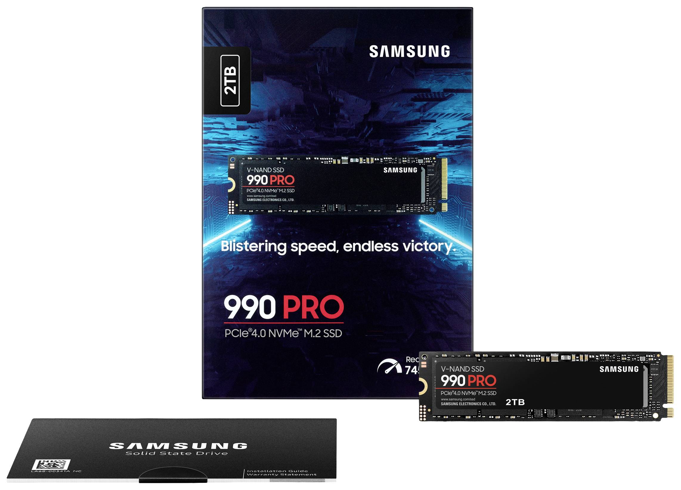 Dysk Samsung '990 PRO PCIe 4.0 NVMe M.2 SSD' o pojemności 2 TB. Opakowanie przedstawia obraz produktu z napisem: 'Oszałamiająca prędkość, nieograniczone zwycięstwo.' Zawiera nośnik danych oraz materiały instalacyjne.