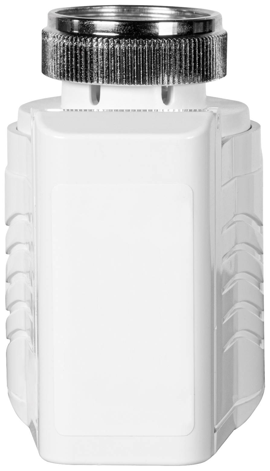 Biała, cylindryczna butelka plastikowa z prążkowaną nakrętką. Idealna do przechowywania płynów lub produktów chemicznych.