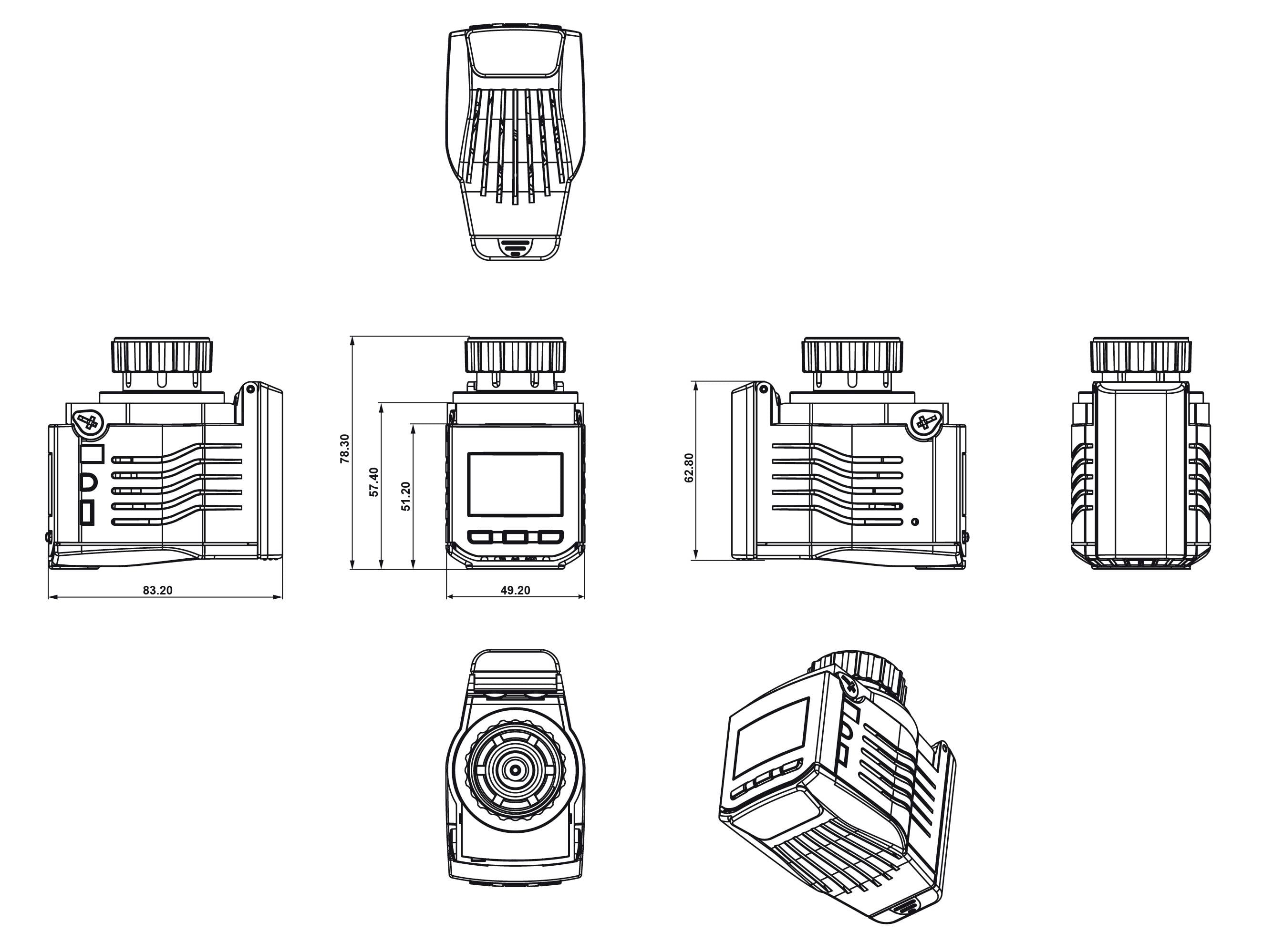 Rysunek techniczny urządzenia elektrycznego z wieloma widokami: przednim, tylnym, bocznym i górnym, z wymiarami w milimetrach.
