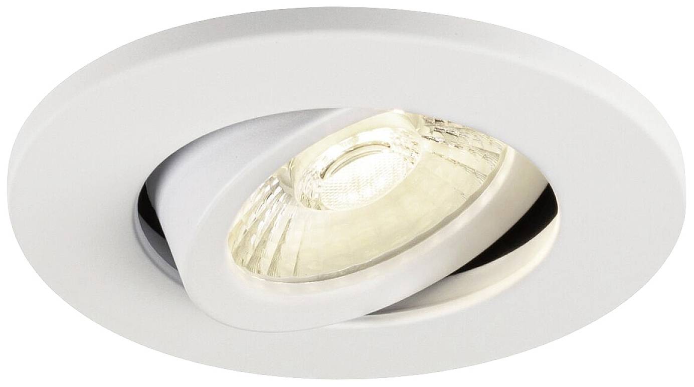 Okrągła, biała lampa sufitowa LED do zabudowy z obrotowym reflektorem, emitująca ciepłe światło. Idealna do kierunkowego oświetlenia.
