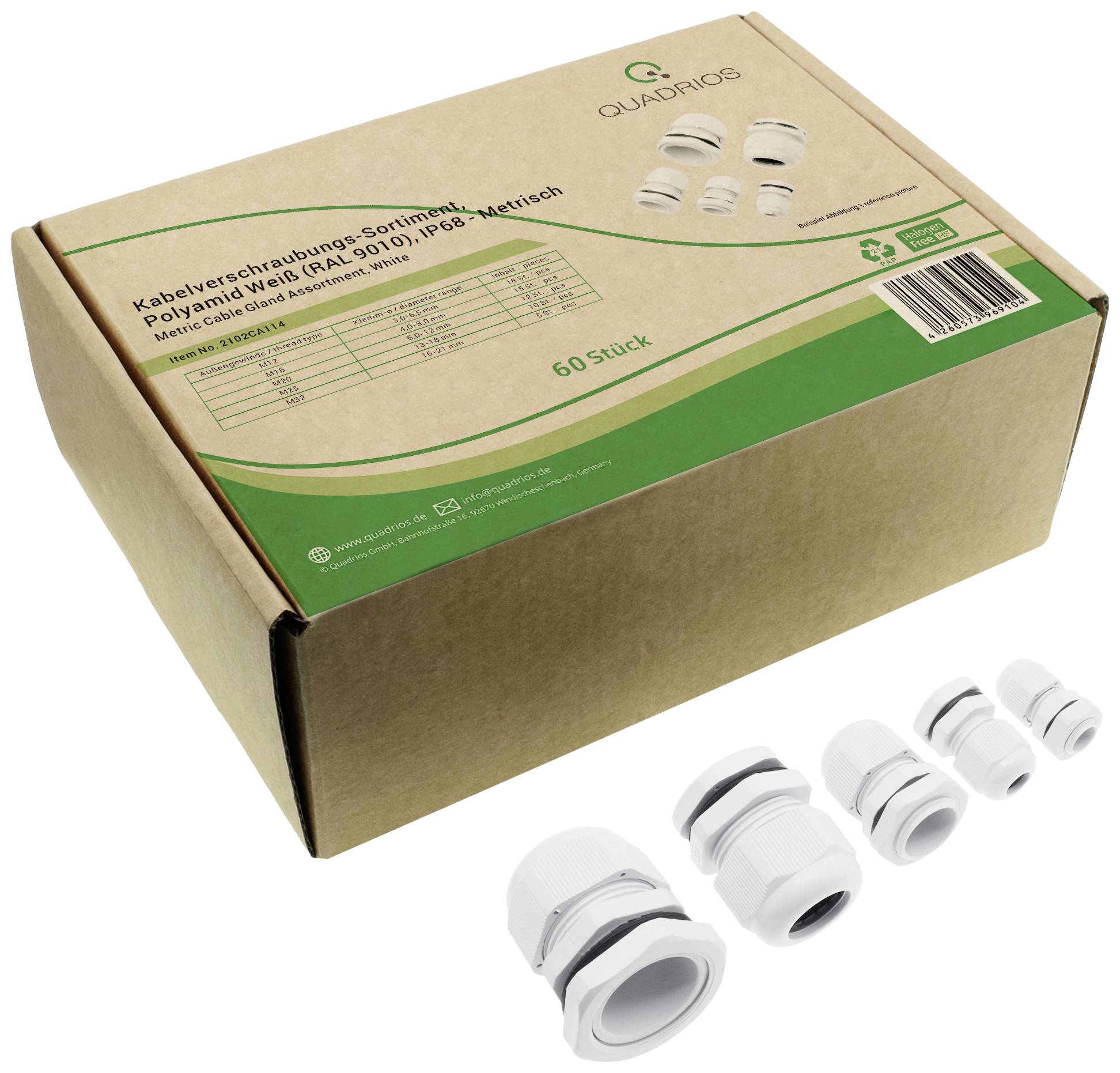 Opakowanie z dławnicami kablowymi 'Uszczelka NBR LRL-9011, IP68', 60 sztuk, z tabelą na pudełku i logo w rogu.