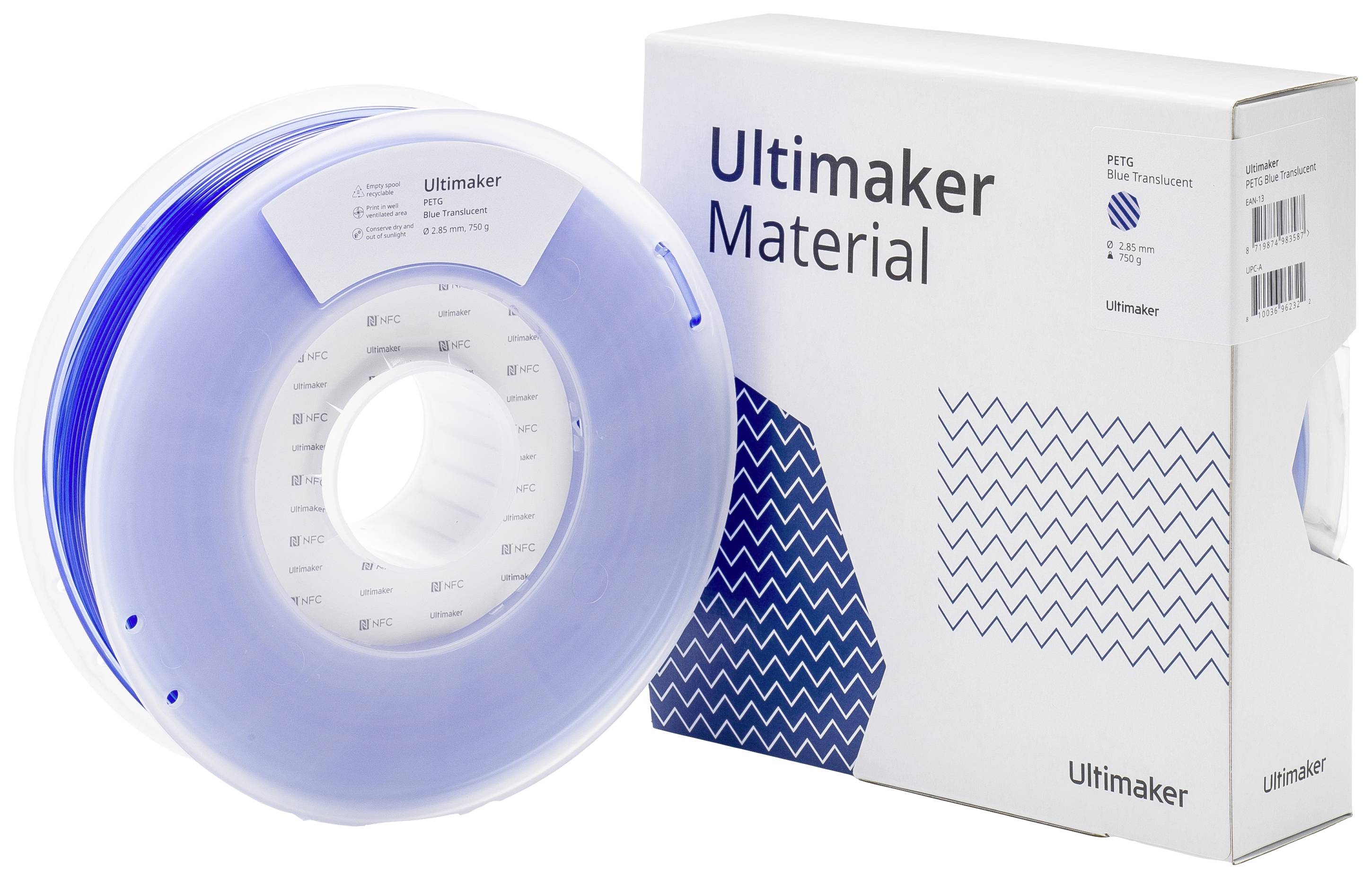 Szpula z niebieskim filamentem obok pudełka z napisem 'Ultimaker Material PETG'.