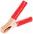 Czerwona klamra krokodylkowa z miedzianym stykiem, często stosowana do połączeń bateryjnych w zastosowaniach elektrycznych.