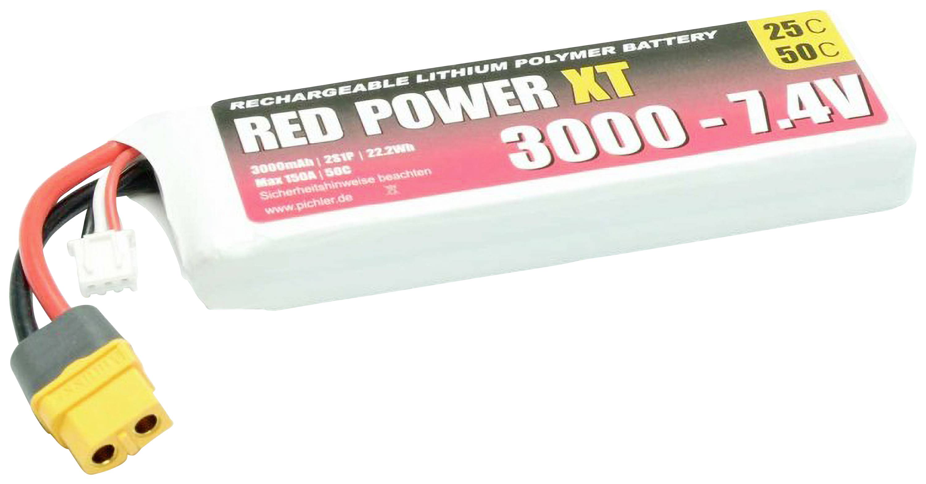 Akumulator litowo-polimerowy z napisem 'Red Power XT 3000-7.4V', o pojemności 3000 mAh, przeznaczony do urządzeń zdalnie sterowanych.