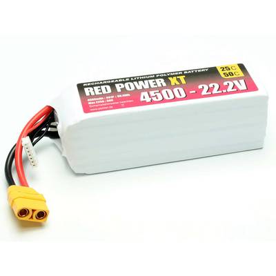 Akumulator litowo-polimerowy z napisem 'Red Power XT 4500 - 22.2V', żółtym przewodem przyłączeniowym oraz informacją techniczną o 25C i 50C.