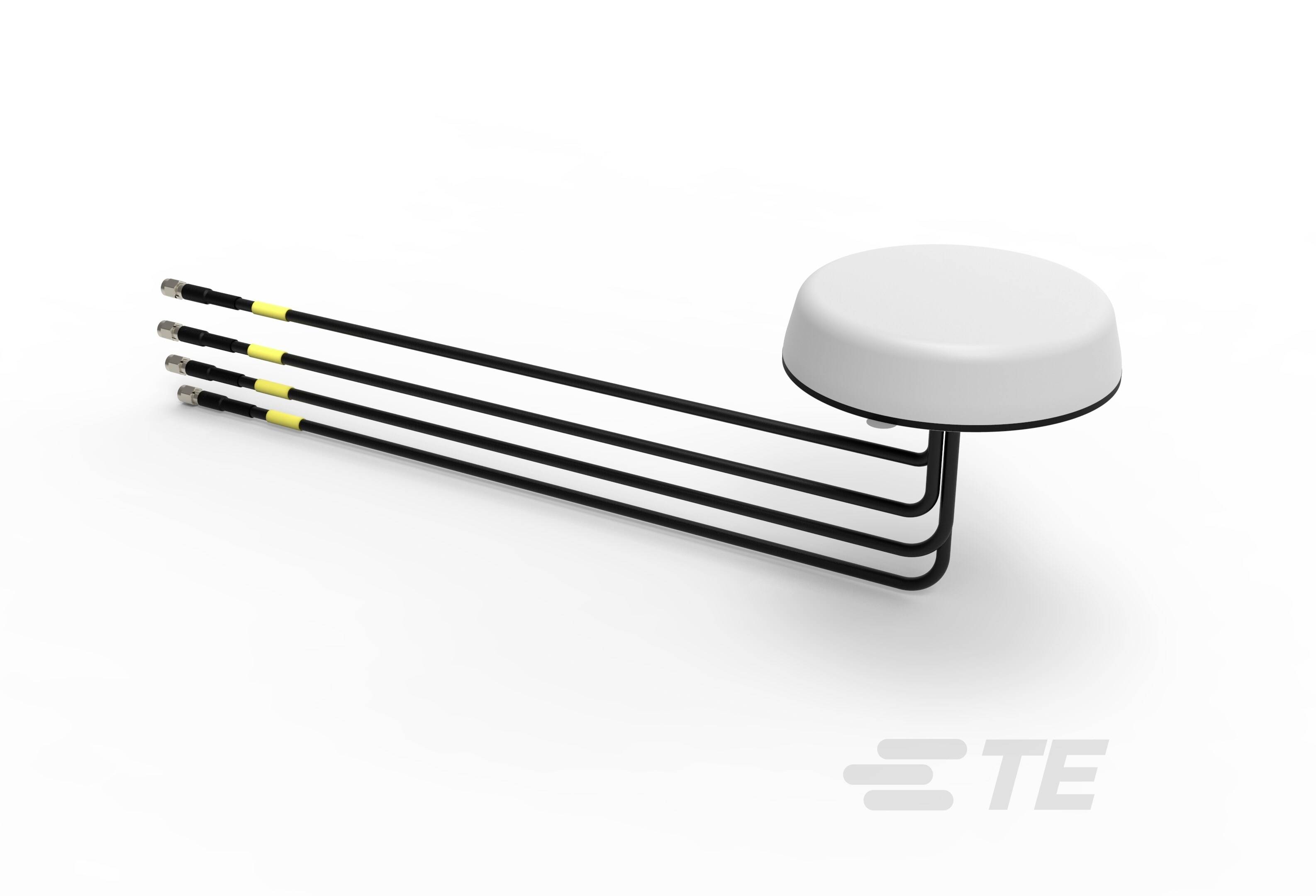 Biała antena z czterema czarnymi kablami, każdy z żółtym oznaczeniem. Kable ułożone są równolegle.