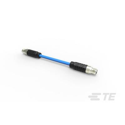 Niebieski kabel z czarnymi wtyczkami na obu końcach, odpowiedni do połączeń elektronicznych, na białym tle.