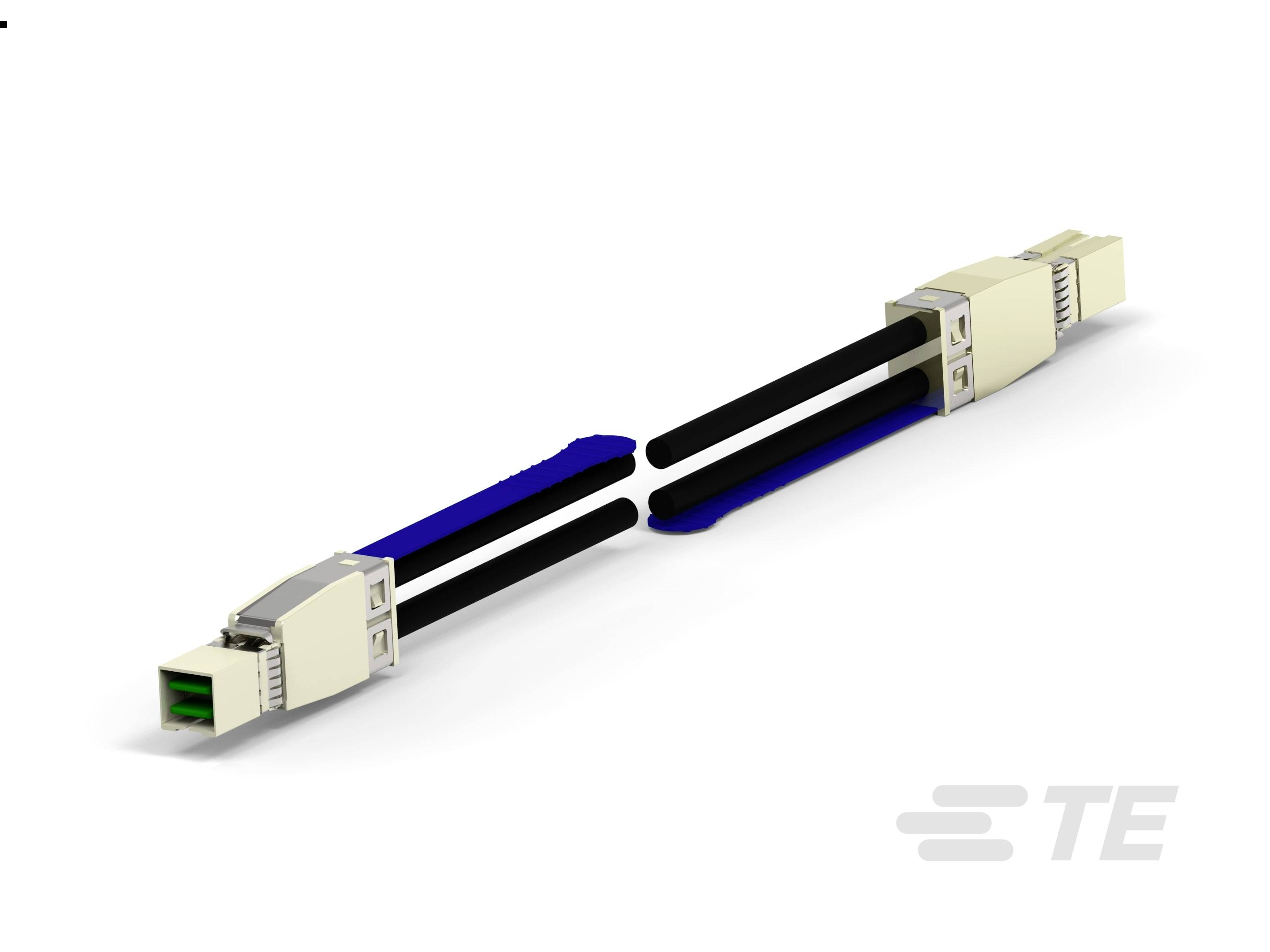 Kabel sieciowe z dwoma wtyczkami RJ45; czarno-niebieski design; logo marki w prawym dolnym rogu.