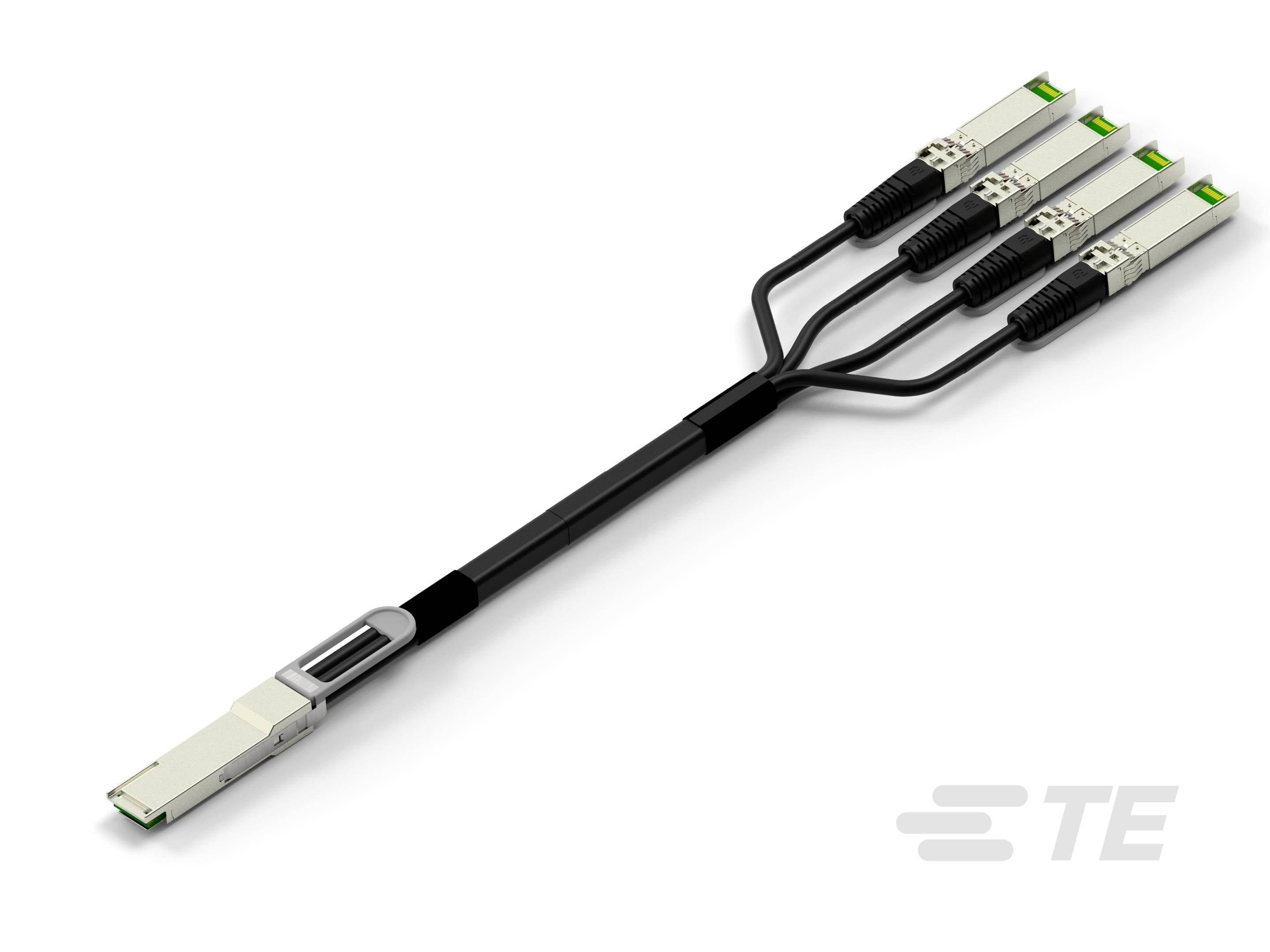 Kabel sieciowe z wtyczką na jednym końcu i czterema rozgałęzieniami z wtyczkami na drugim końcu, na białym tle.