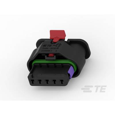Czarny złącze z czerwonym mechanizmem blokującym i pięcioma stykami, widok z boku. Odpowiednie do połączeń elektrycznych.