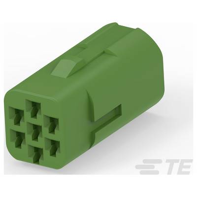 Zielony sześciostykowy prostokątny złącze elektryczne z logo TE na białym tle.