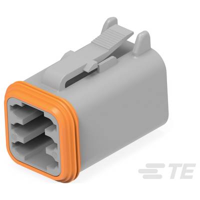 Na obrazie widoczny jest szary złącze elektryczne do samochodu z pomarańczowym uszczelnieniem, wyposażone w wiele szczelin do włożenia kabli; logo TE jest widoczne.