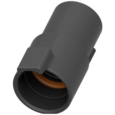 Szczegółowe zbliżenie czarnego złącza plastikowego z pomarańczowym elementem uszczelniającym wewnątrz.