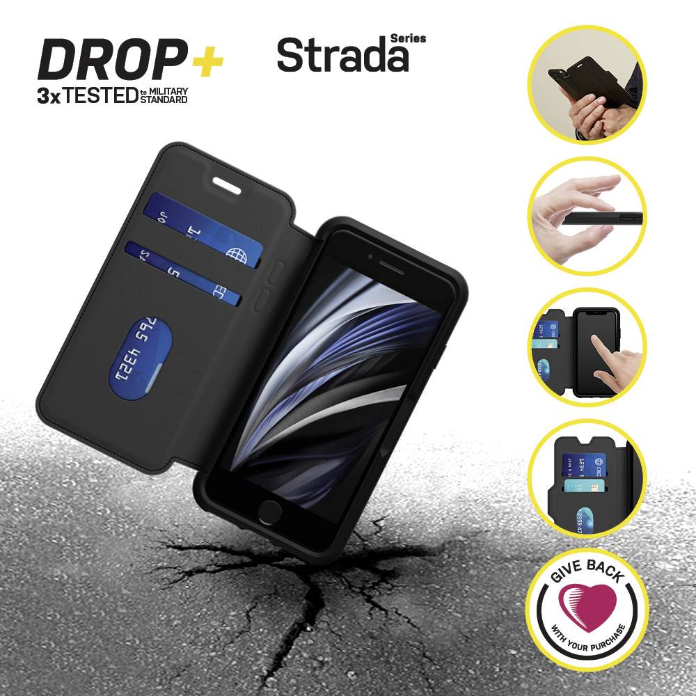 Na zdjęciu widać czarną obudowę na telefon marki Strada z wewnętrznymi kieszeniami na karty. Obok znajdują się zdjęcia prezentujące sposób użycia.