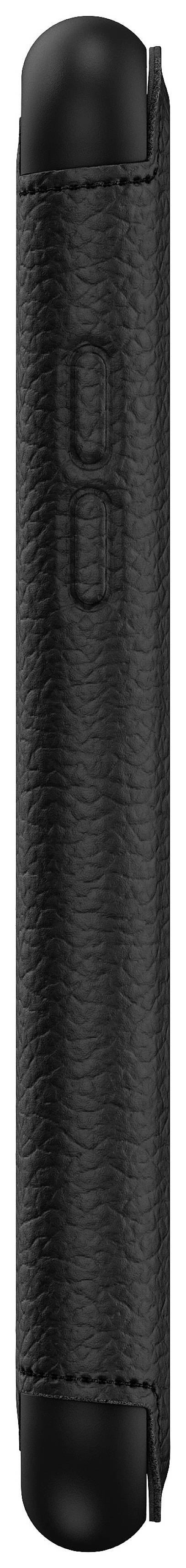 Czarne, podłużne, przypominające skórę etui, ustawione pionowo, prawdopodobnie do przechowywania małego urządzenia elektronicznego.