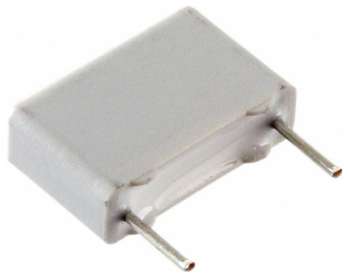 Prostokątny, szary elektroniczny komponent z dwoma metalowymi przewodami do wstawienia na płytę obwodu, prawdopodobnie kondensator lub rezystor.