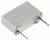 Prostokątny, szary elektroniczny komponent z dwoma metalowymi przewodami do wstawienia na płytę obwodu, prawdopodobnie kondensator lub rezystor.