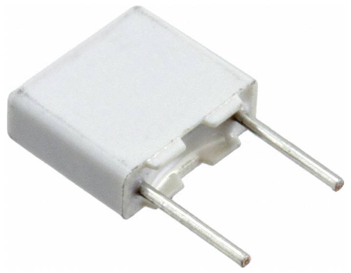 'Białe prostokątne kondensatory elektroniczne z dwoma metalowymi wyprowadzeniami rozciągającymi się z jednej strony.'