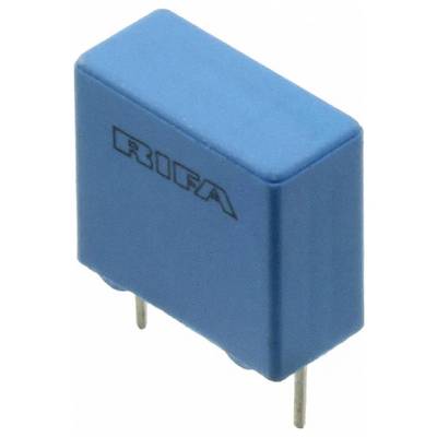 Mały, prostokątny, beżowy i srebrny element elektroniczny, prawdopodobnie kondensator, z metalowymi krawędziami, widziany z perspektywy pod kątem.