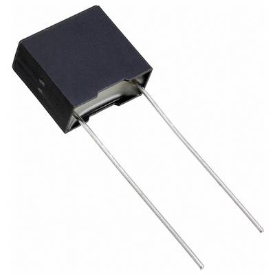 Mały, czarny, prostokątny komponent elektroniczny z dwoma metalowymi przewodami, prawdopodobnie kondensator, pokazany na białym tle.