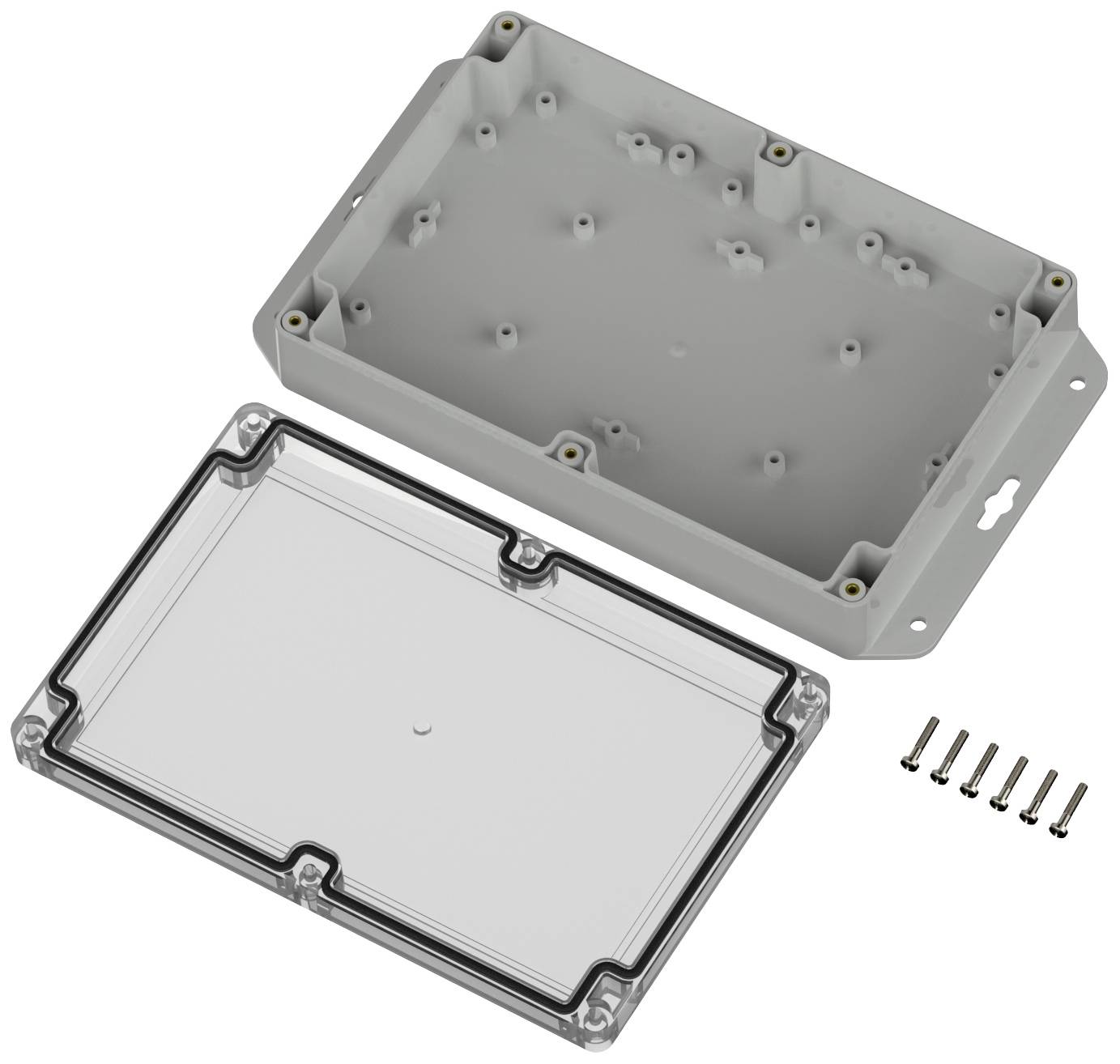 Obudowa z jasnoszarego tworzywa sztucznego, otwarta z pokrywką ułożoną obok. Sześć śrub leży przy obudowie.