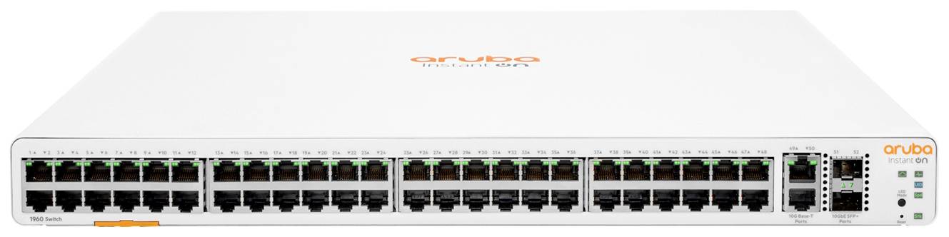 Przełącznik sieciowy z 48 portami Ethernet i 4 portami SFP, przeznaczony dla sieci korporacyjnych. Numer modelu i logo producenta widoczne u góry.