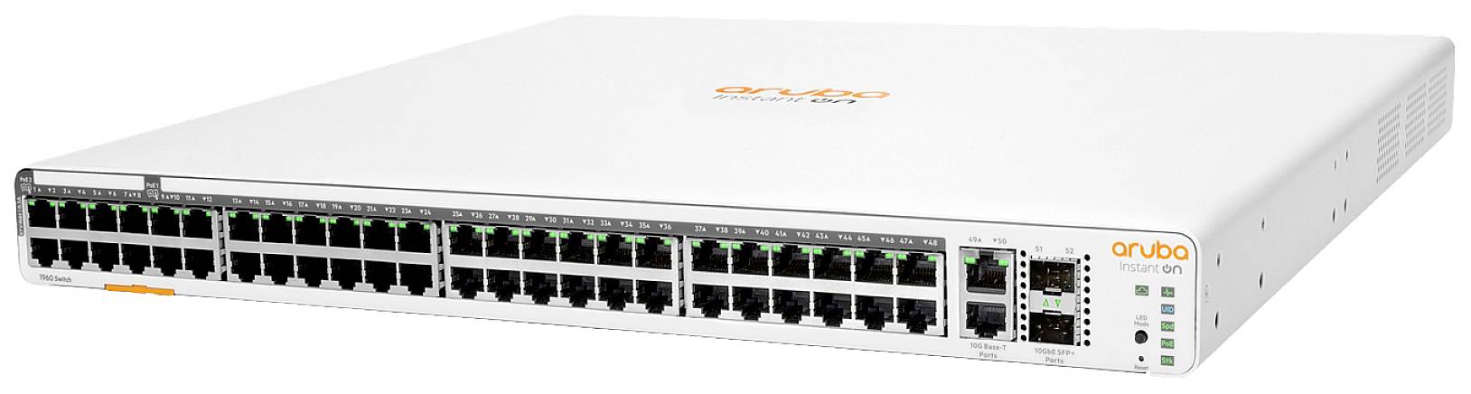 Przełącznik sieciowy z wieloma portami Ethernet, rozpoznawalny po logo 'Aruba' u góry. Odpowiedni dla infrastruktur informatycznych.