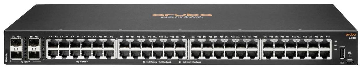 Przełącznik sieciowy z 48 portami Ethernet i 4 portami SFP, przeznaczony do zarządzania i łączenia wielu urządzeń w sieci.