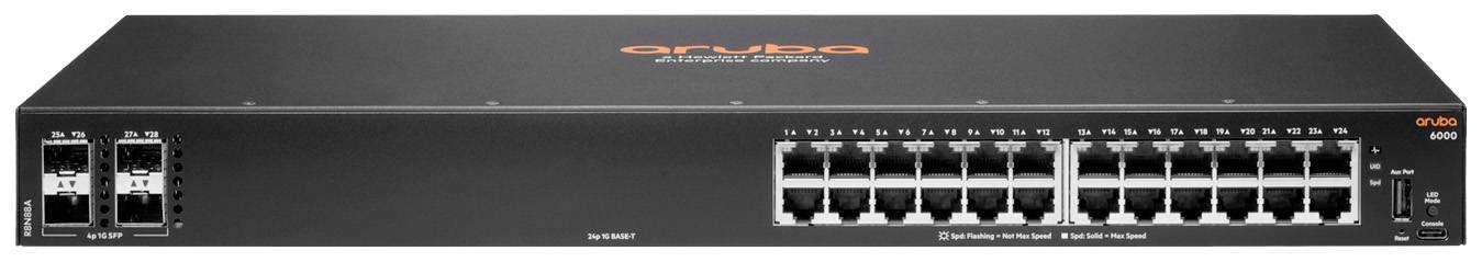 Czarny przełącznik sieciowy marki Aruba z 24 portami Ethernet i czterema portami SFP, przeznaczony do profesjonalnych zastosowań sieciowych w środowisku biznesowym.