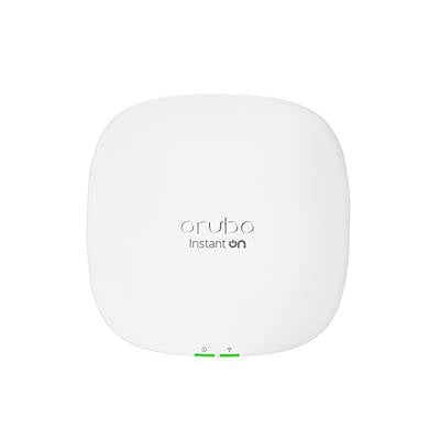 Białe urządzenie dostępowe Wi-Fi Aruba Instant On z podświetlanymi diodami LED na spodzie.