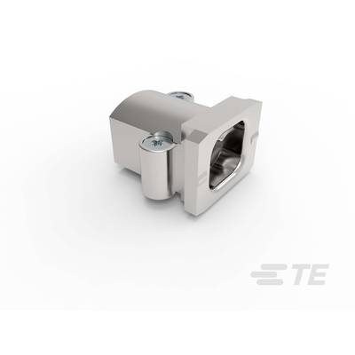 Srebrny adapter metalowy z prostokątnym otworem i dwoma niebieskimi śrubami do połączeń mechanicznych.