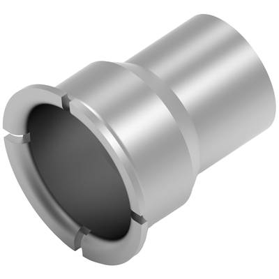 Srebrny, cylindryczny element metalowy z fazowaną krawędzią i czterema wgłębieniami przy otworze.