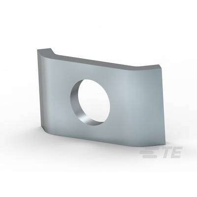 Metalowy element z okrągłym wycięciem pośrodku, na białym tle.
