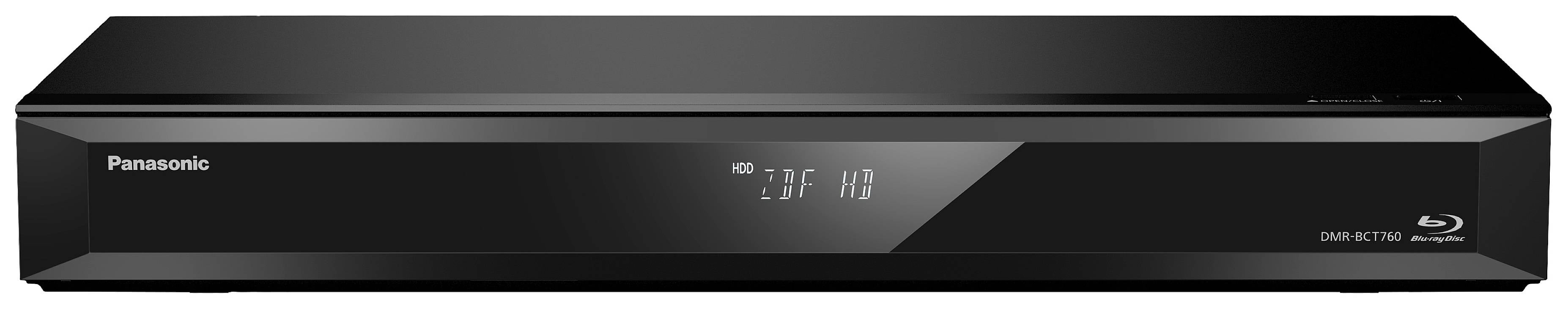Czarny odtwarzacz Blu-ray Panasonic z cyfrowym wyświetlaczem pośrodku i logo marki w prawym dolnym rogu.