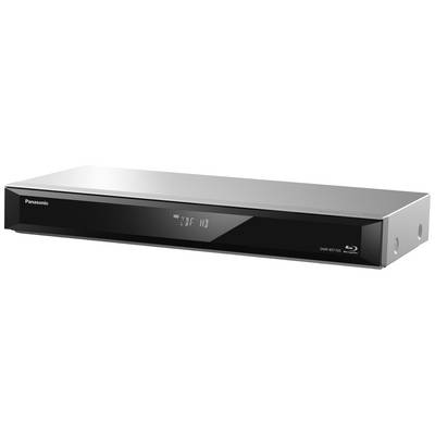 Odtwarzacz Blu-ray z wyświetlaczem cyfrowym na przedniej ściance. Prostokątna bryła, metalowa powierzchnia. Marka: Panasonic.