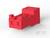 Czerwona, prostokątna część z tworzywa sztucznego z dwoma kwadratowymi otworami, prawdopodobnie złączem elektrycznym.