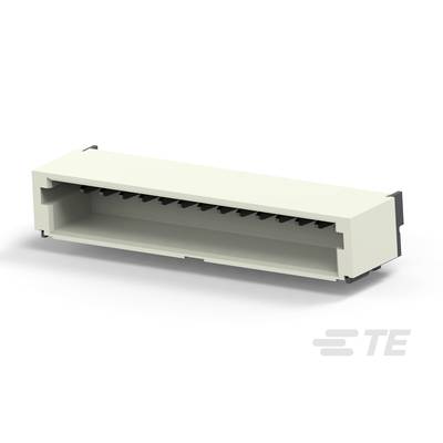 Biały, prostokątny elektryczny złącz firmy TE z otwartą przednią częścią i wieloma stykami przyłączeniowymi.